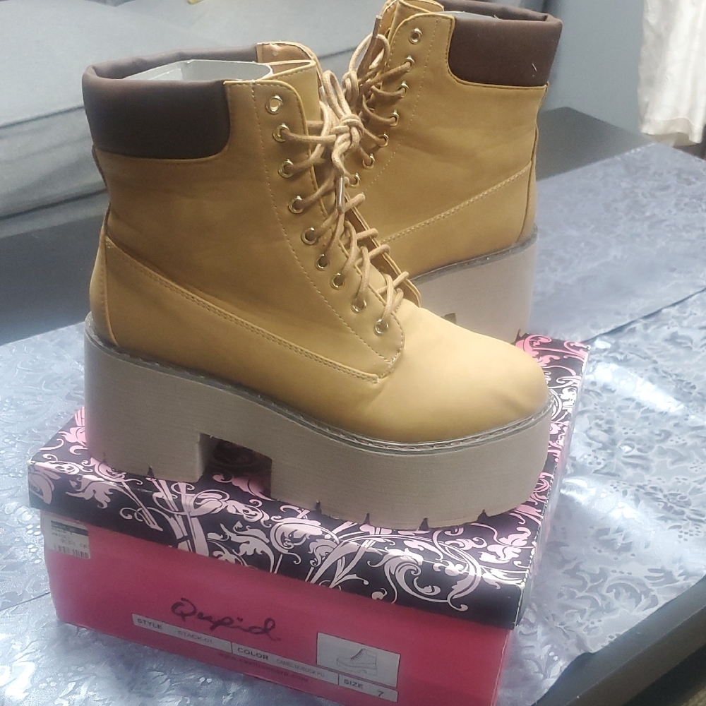 Qupid Tan Platform Lace-Up Women's Boot